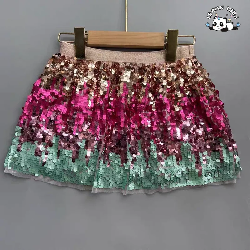 LEZONKIDS - Wholesale Cute Color Gradient Sequin Satin Short Skirts Girls Sexy Mini Party Wear Breathable Lace Skirts